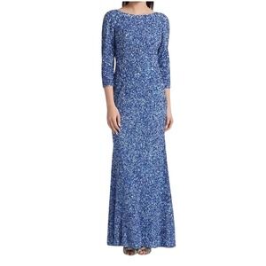 THEIA Sequin Sheath Gown Blue 3/4 Sleeve Formal Evening Dress Size 4 NWOT